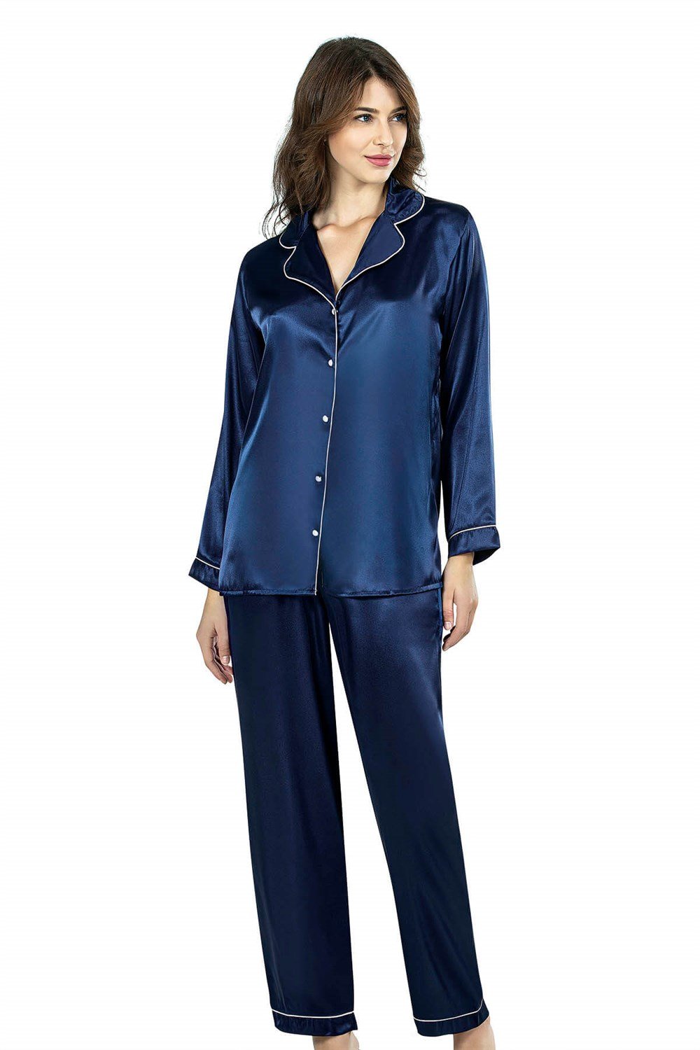 Ahu Lacivert İkili Saten Gecelik Pijama Takımı 7647