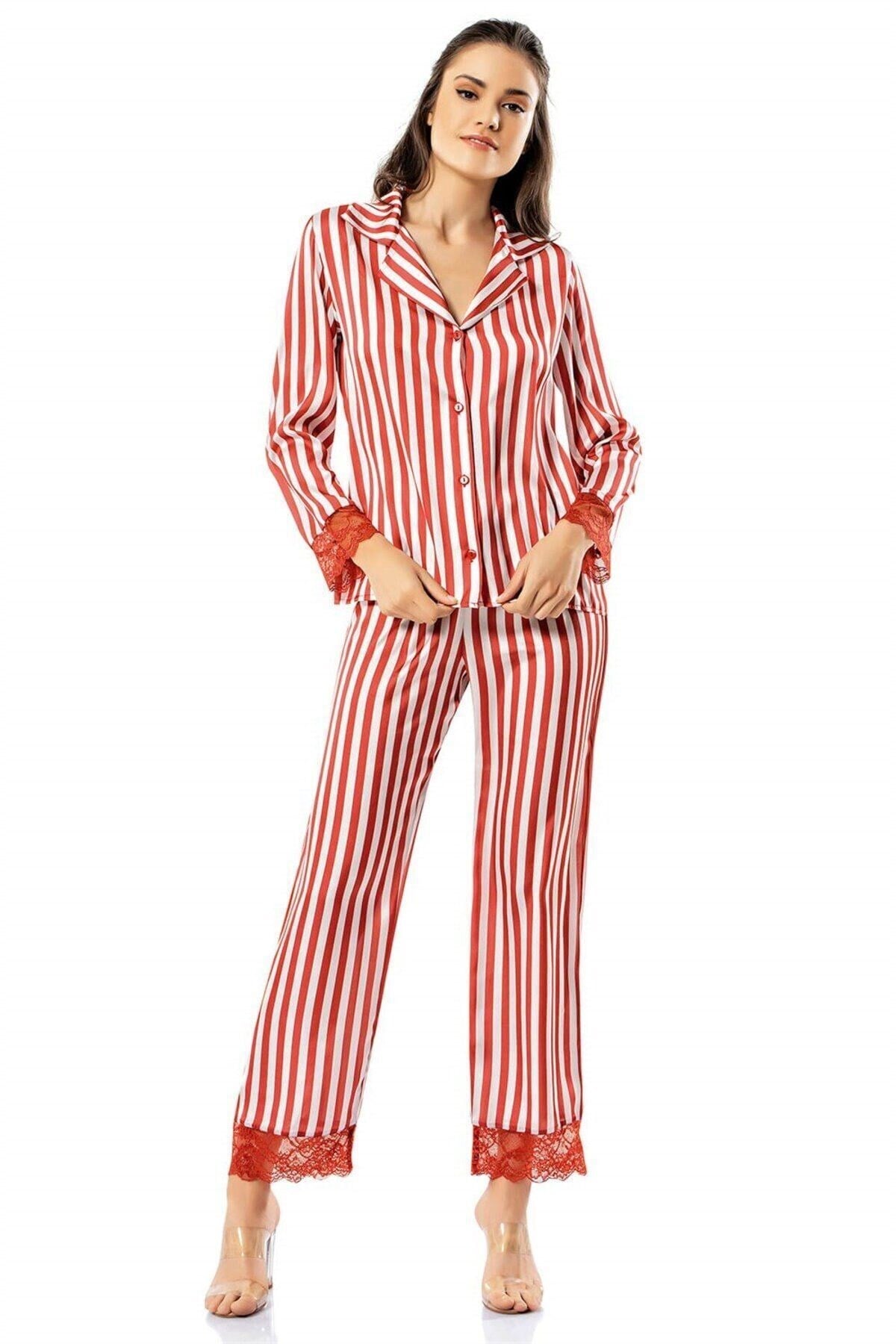 Çizgili Kiremit Ikili Saten Gecelik Pijama Takımı