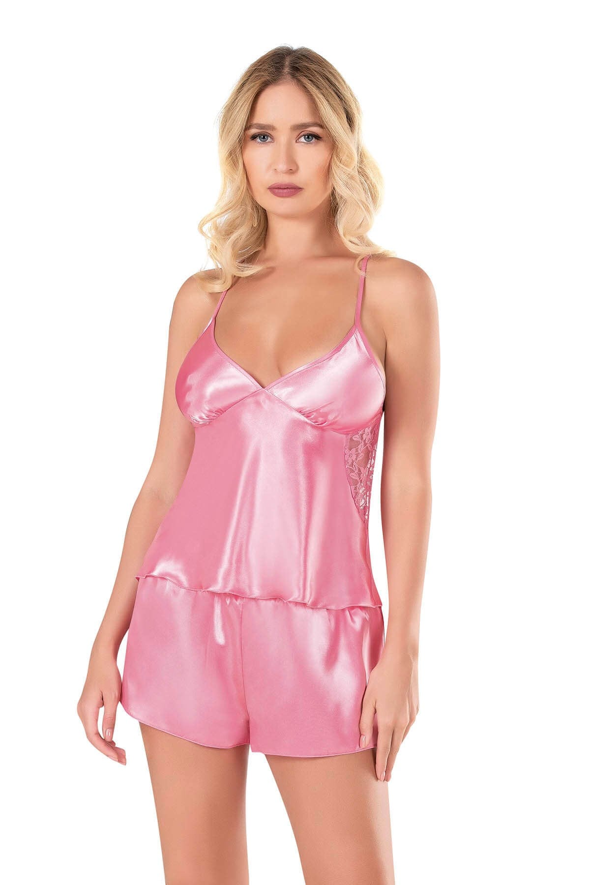 Primoda Koyu Pembe Saten Babydoll Şort Takımı 9108