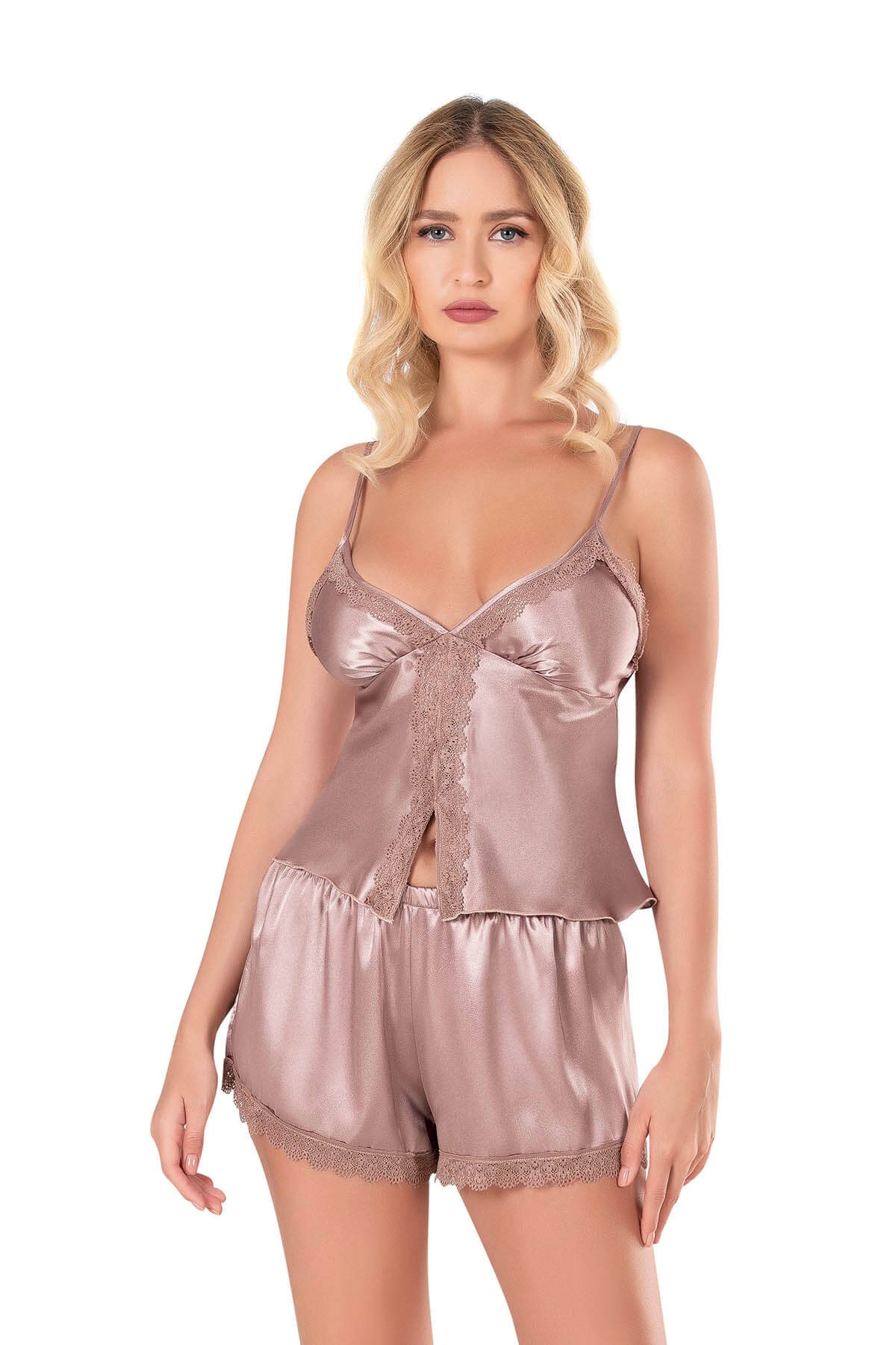Primoda Vizon Saten Babydoll Şort Takımı 9128
