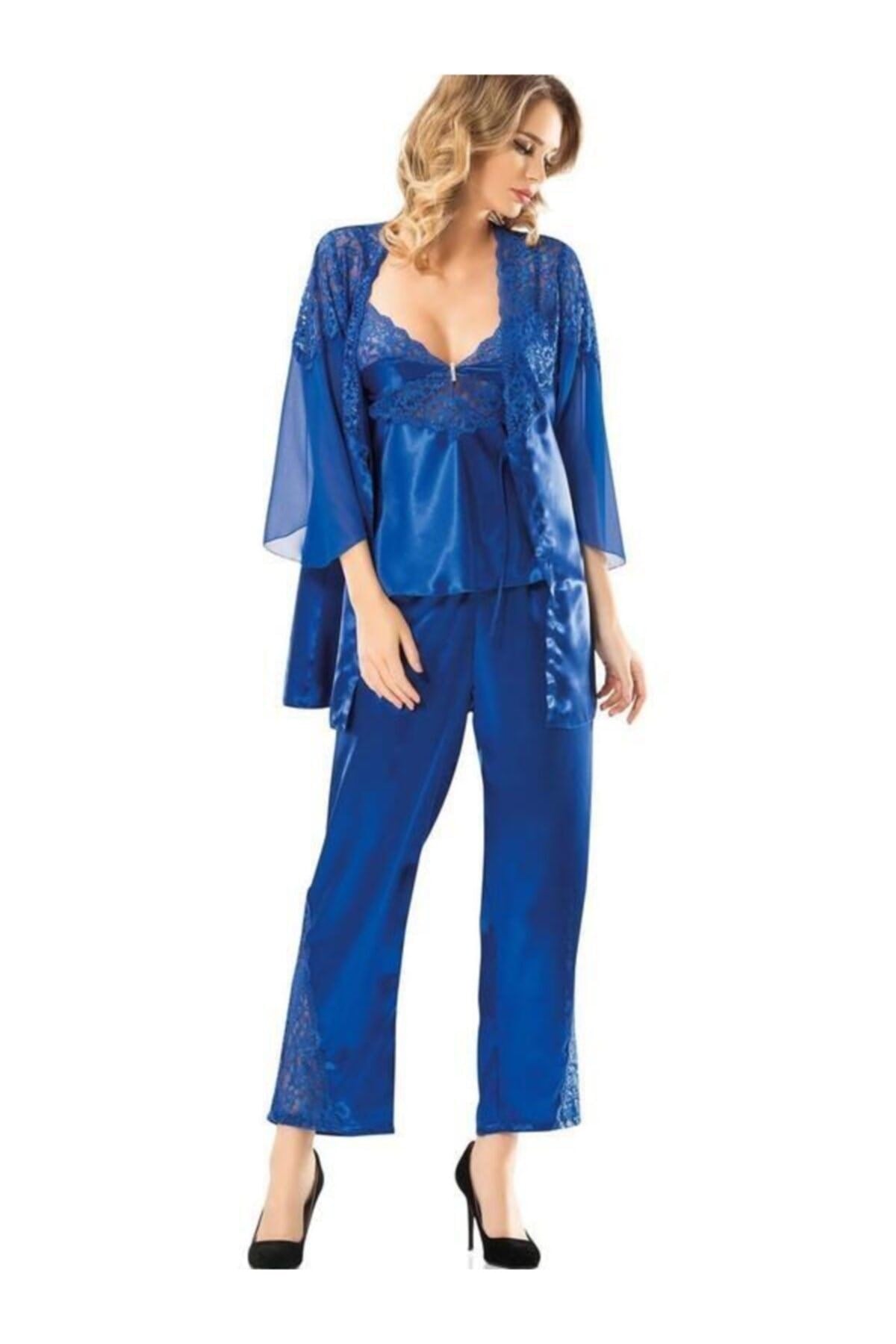 Çiçekli Fakir Kol Ip Askılı Kadın 3'lü Pijama Seti Saks Mavi