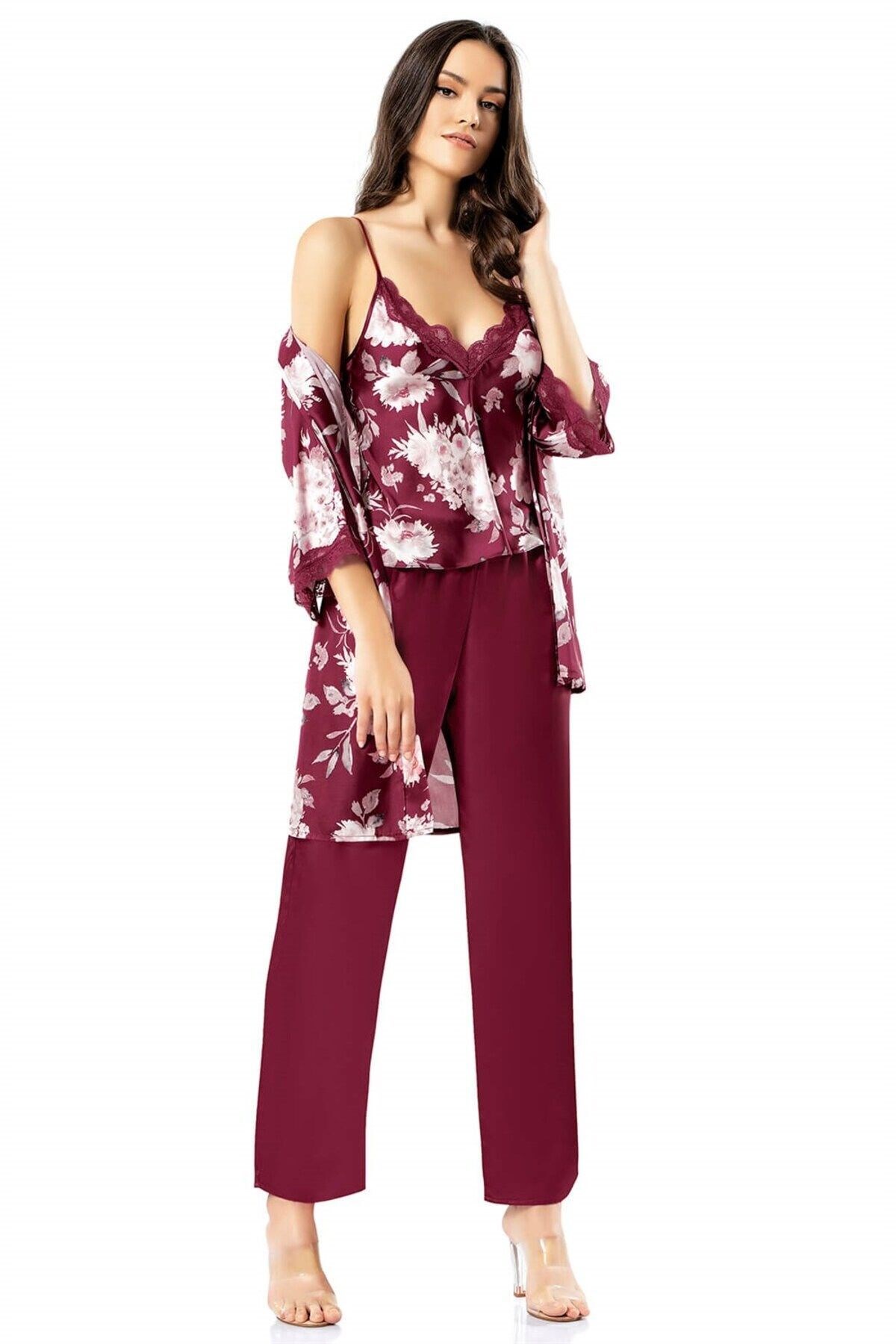 Desenli Bordo Üçlü Saten Gecelik Pijama Takımı