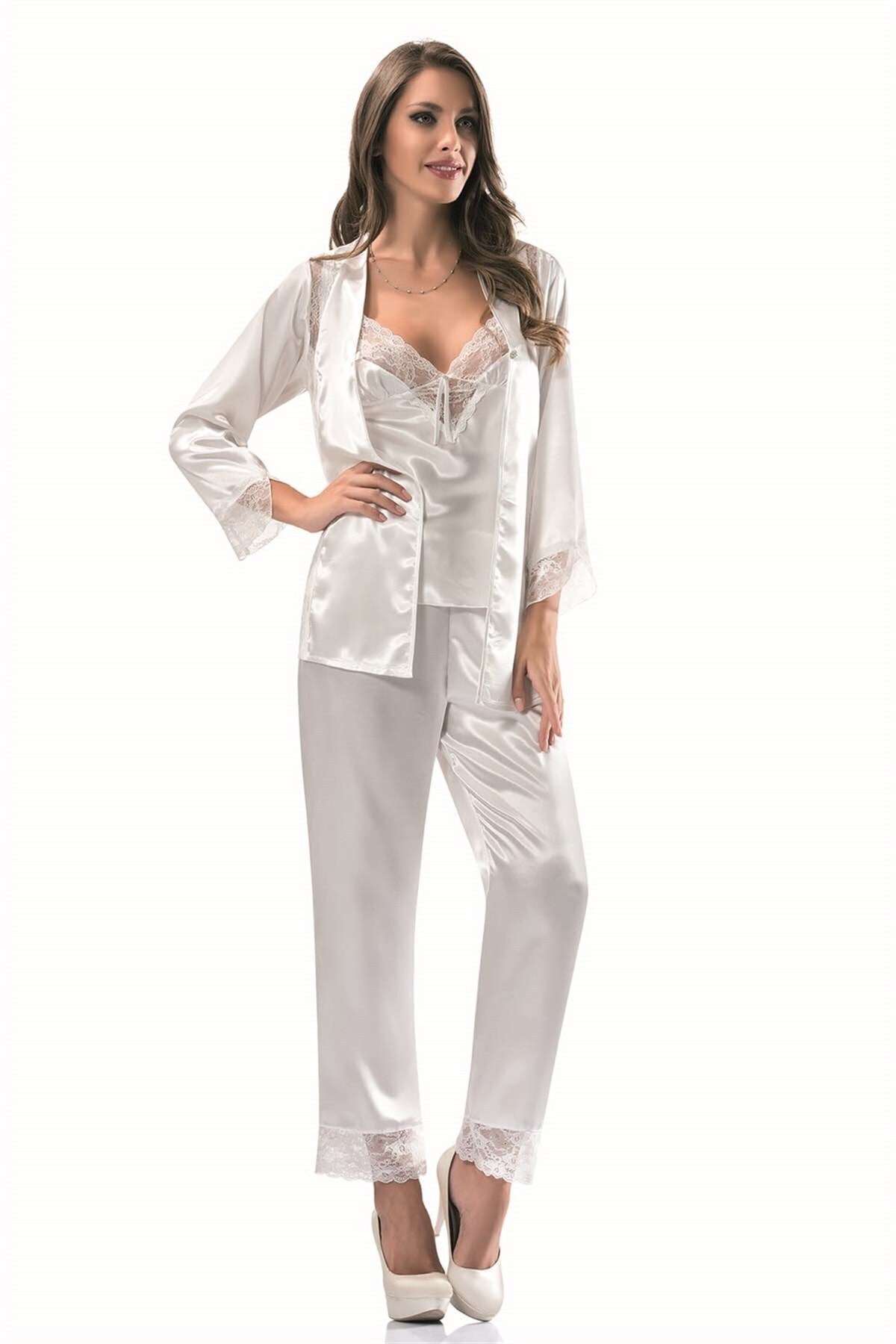 Ekru Üçlü Saten Sabahlık Gecelik Pijama Takımı