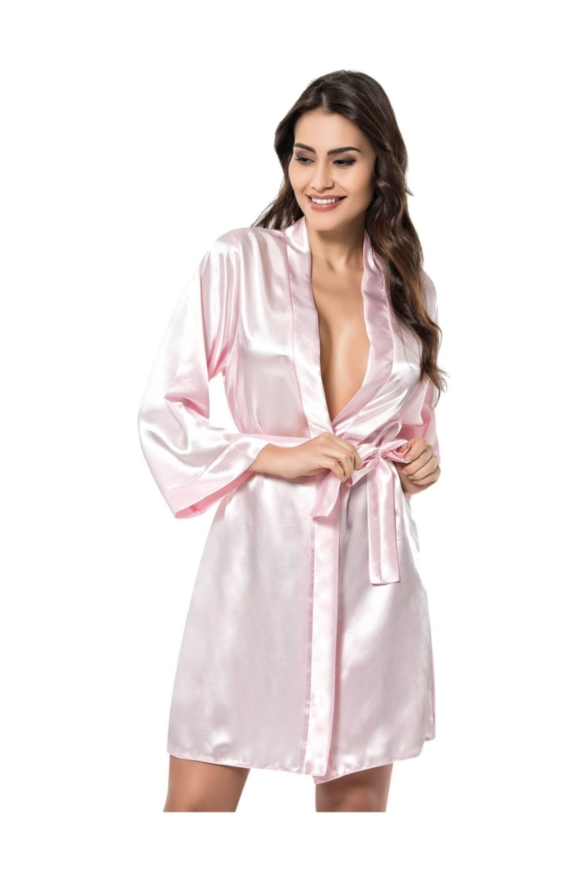 Kadın  Kuşaklı Kimono Yaka Uzun Kollu Kadın Diz Üstü Sabahlık 7431