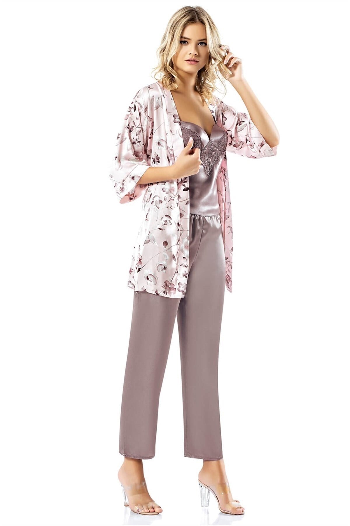 Kadın Lila Desenli Üçlü Saten Gecelik Pijama Takımı