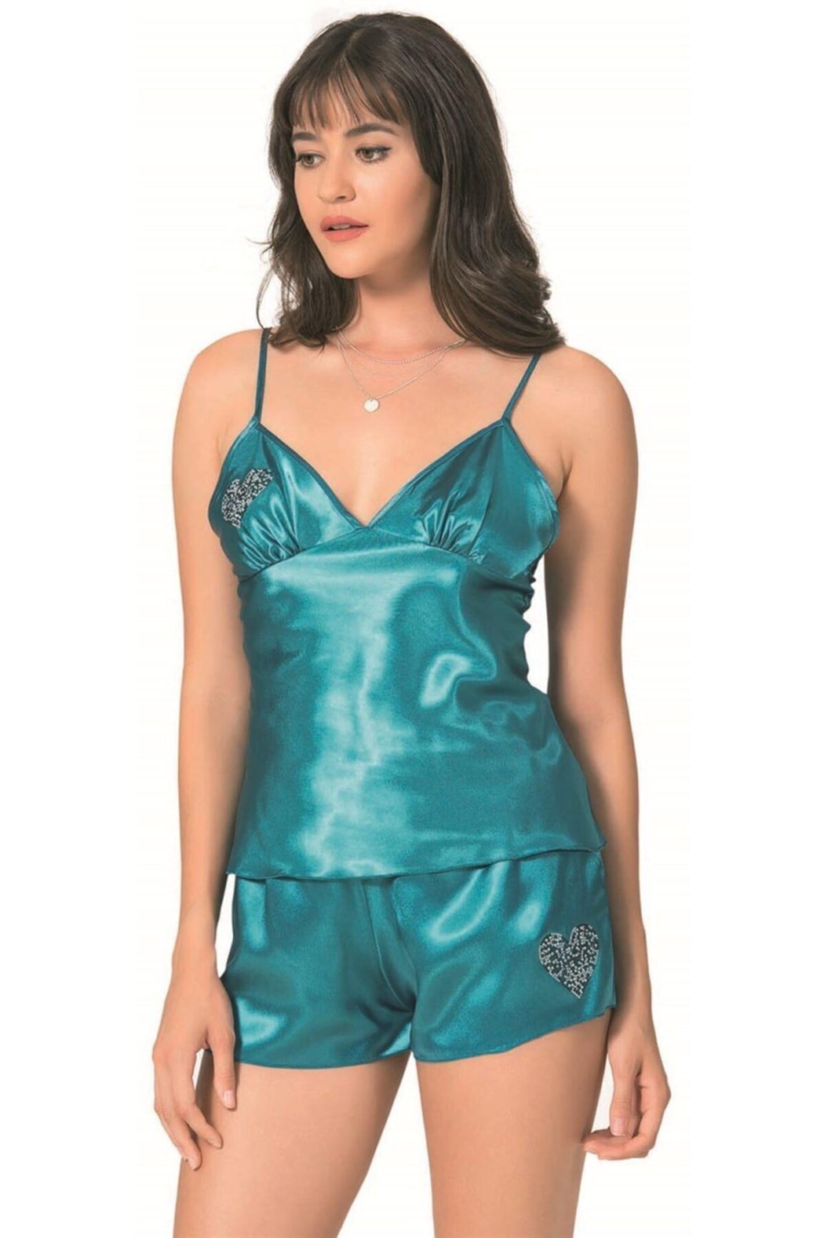 Kadın Mavi Saten Babydoll Şort Takımı