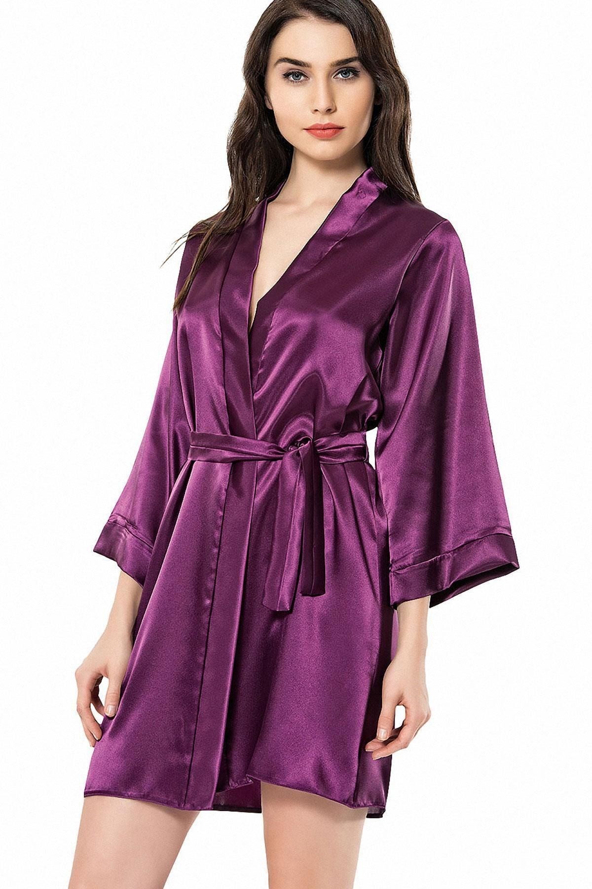 Kuşaklı Kimono Yaka Uzun Kollu Kadın Diz Üstü Sabahlık 7431