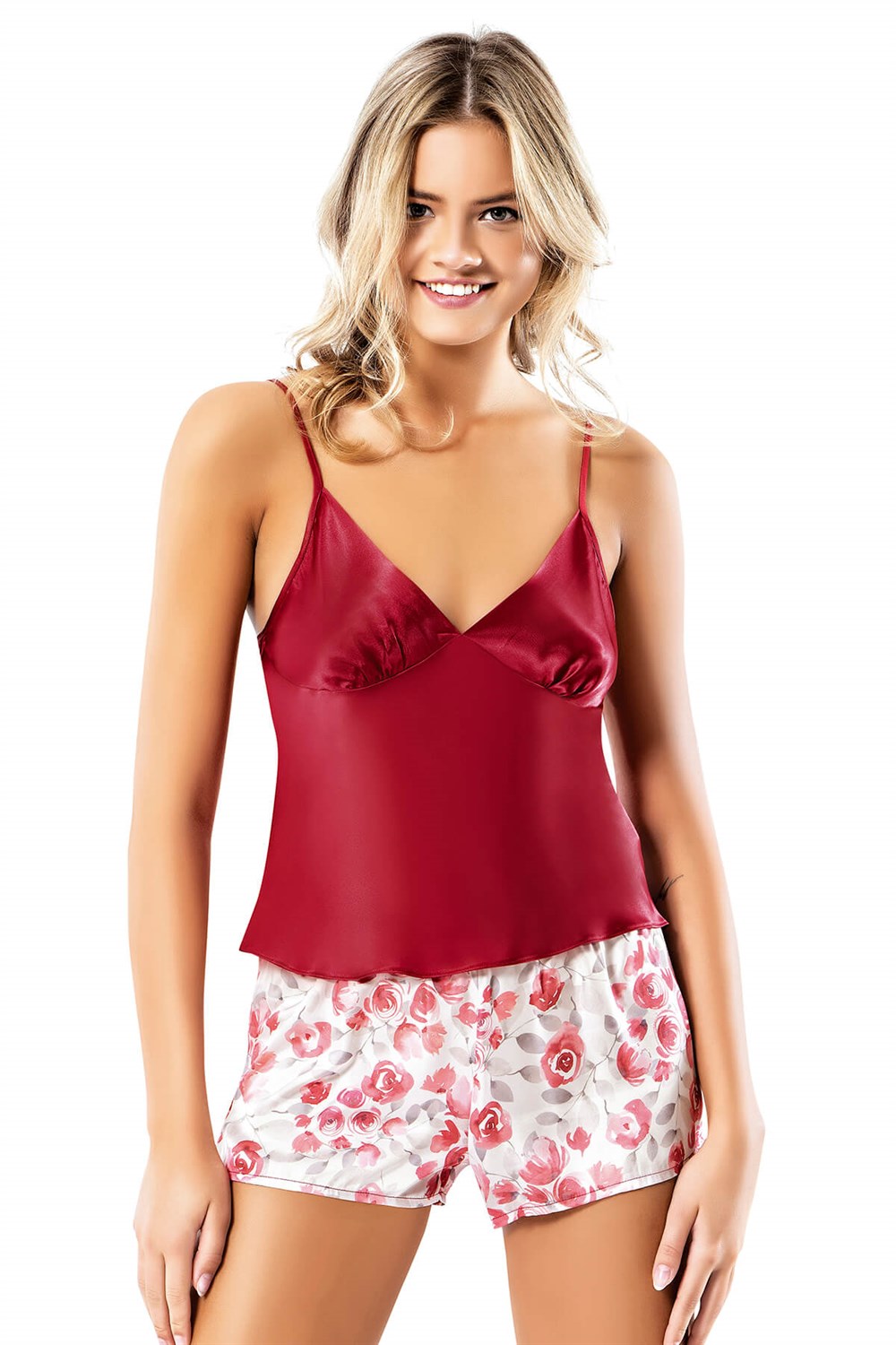 Loriva Desenli Bordo Saten Babydoll Şort Takımı