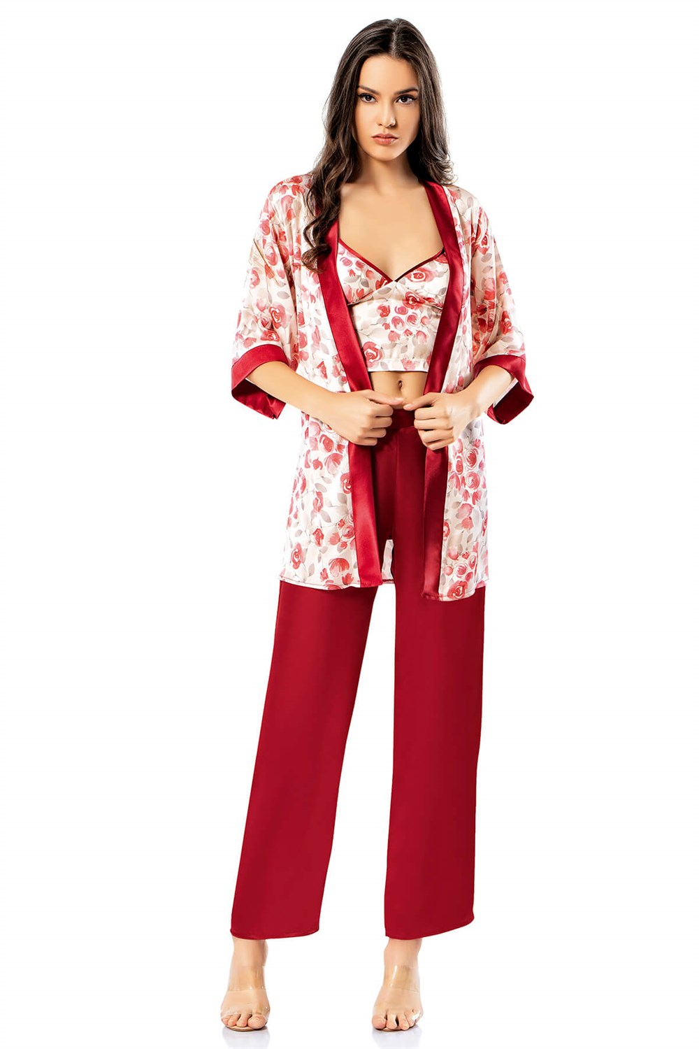 Loriva Desenli Büstiyerli Bordo Üçlü Saten Gecelik Pijama Takımı