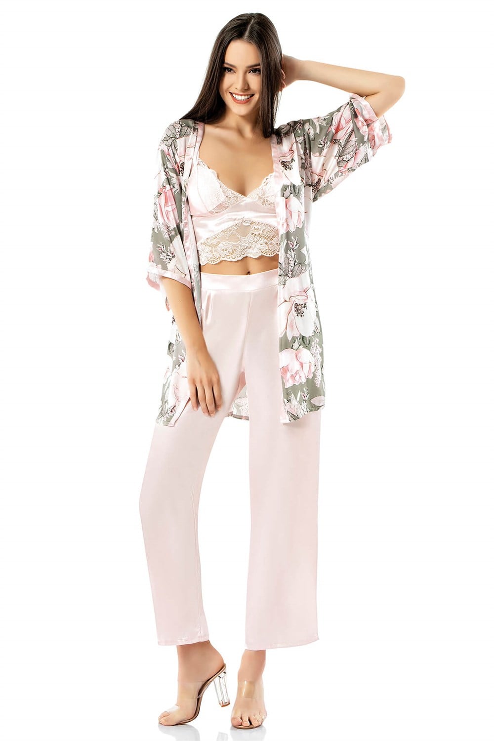 Loriva Desenli Büstiyerli Pembe Üçlü Saten Gecelik Pijama Takımı