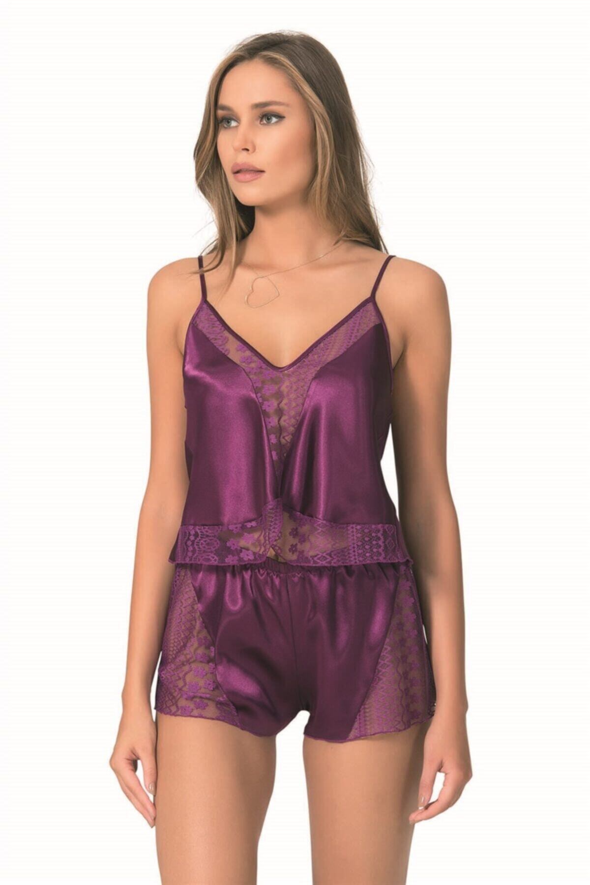 Mor Saten Babydoll Şort Takımı
