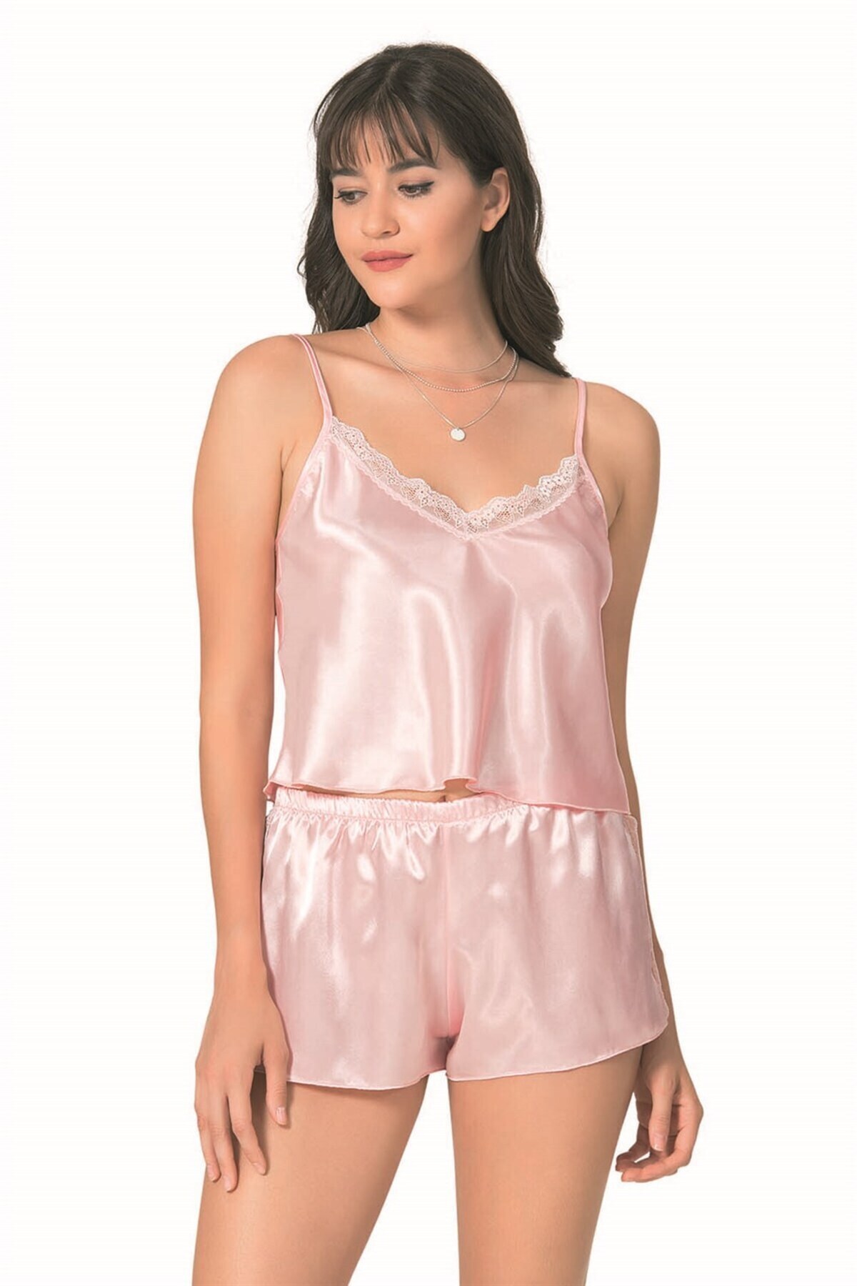 Somon Saten Babydoll Şort Takımı