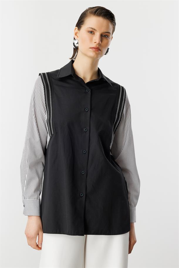 Kolları Çizgili Pamuklu Gömlek-SİYAH