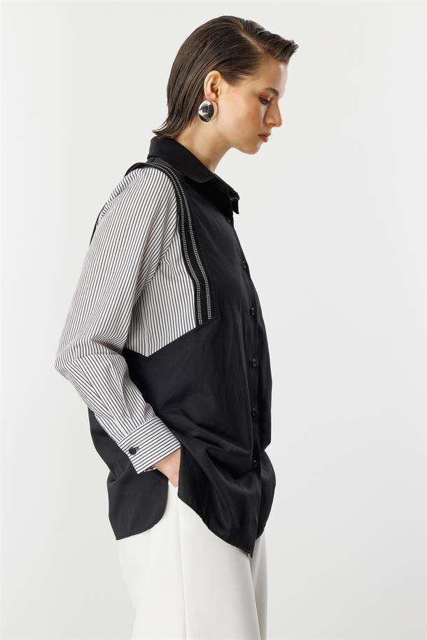 Kolları Çizgili Pamuklu Gömlek-SİYAH