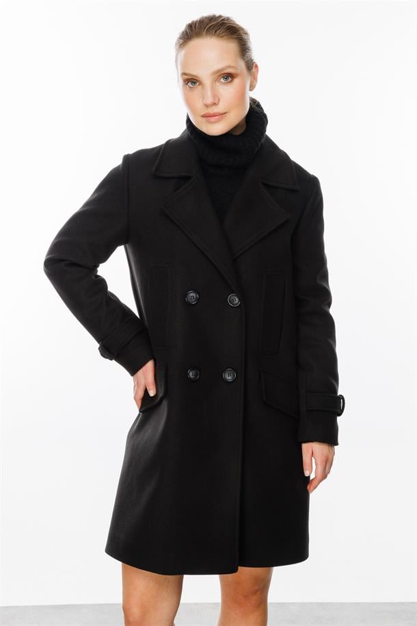 4 Cep Detaylı Kaşe Kaban-SİYAH