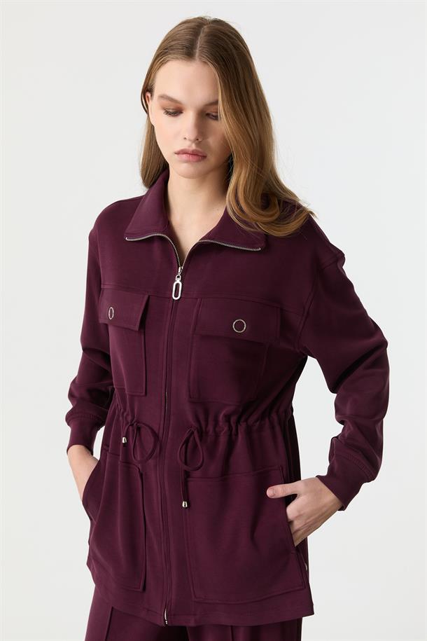 4 Cep Fermuar Detaylı Modal Tunik-BORDO