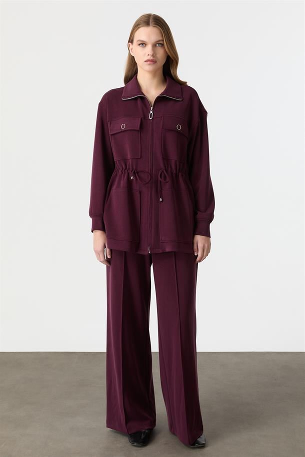 4 Cep Fermuar Detaylı Modal Tunik-BORDO