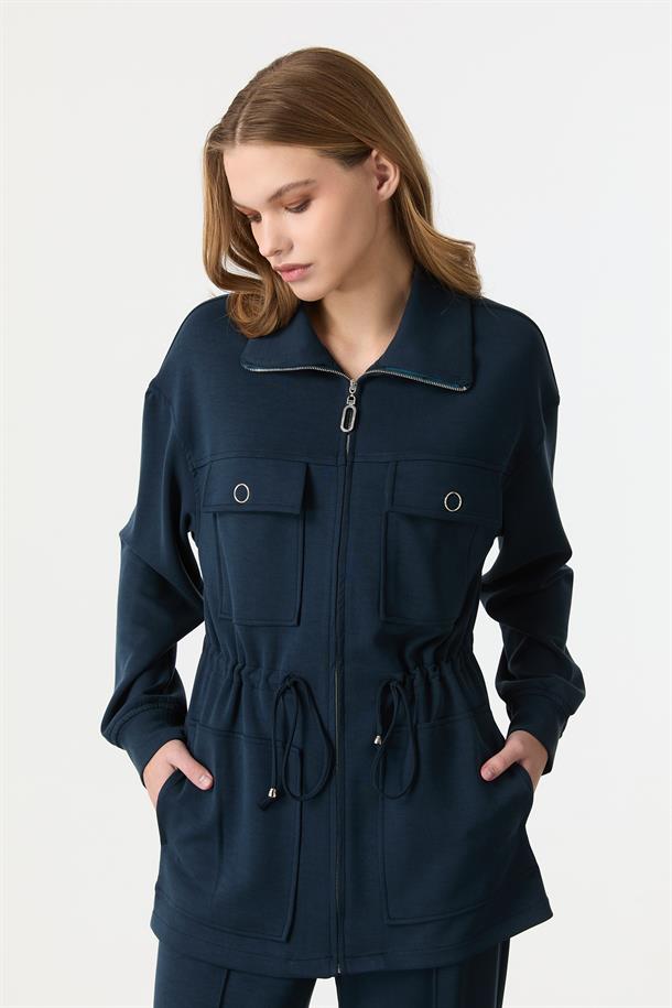 4 Cep Fermuar Detaylı Modal Tunik-PETROL