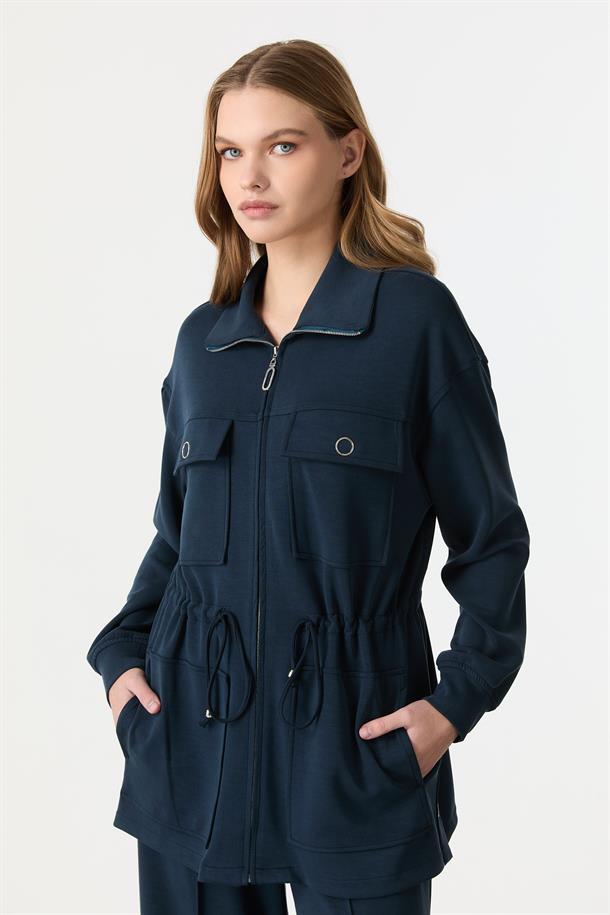 4 Cep Fermuar Detaylı Modal Tunik-PETROL