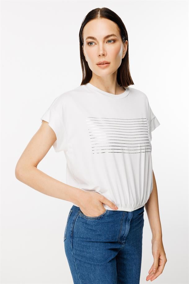 Altı Lastikli Çizgi Baskı Desenli Tişört-KEMIK