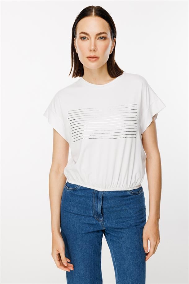 Altı Lastikli Çizgi Baskı Desenli Tişört-KEMIK