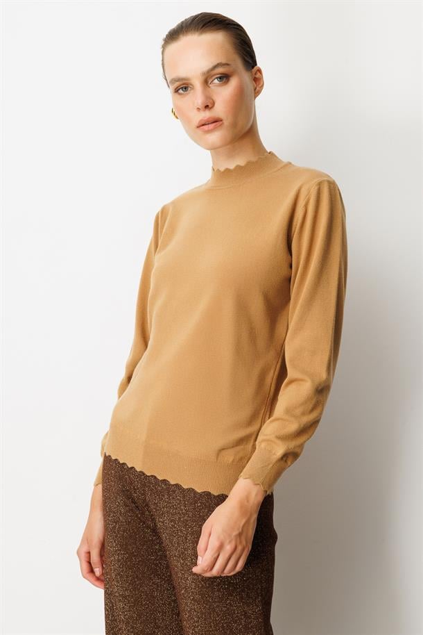 Yarım Balıkçı Angora Triko Kazak-CAMEL