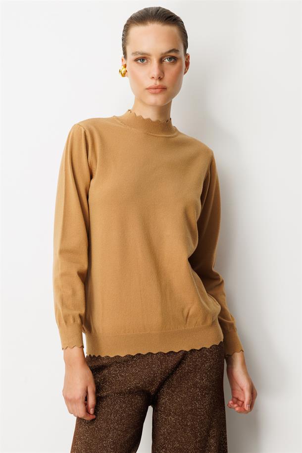 Yarım Balıkçı Angora Triko Kazak-CAMEL