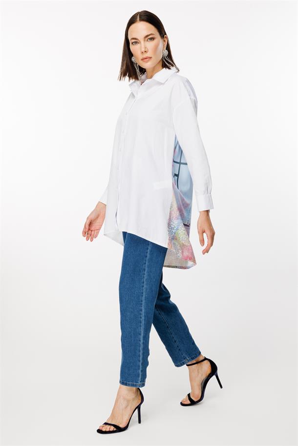 Arkası Baskı Detaylı Koton Gömlek-BEYAZ