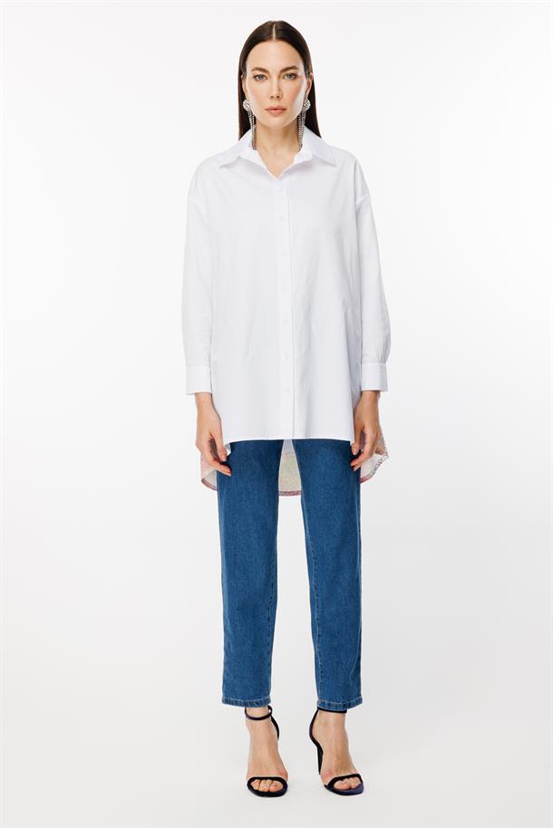 Arkası Baskı Detaylı Koton Gömlek-BEYAZ