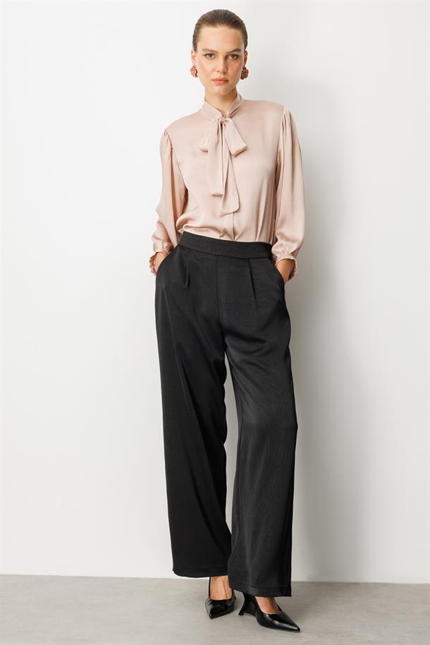 Arkası Lastikli Crash Kumaş Pantolon-SİYAH