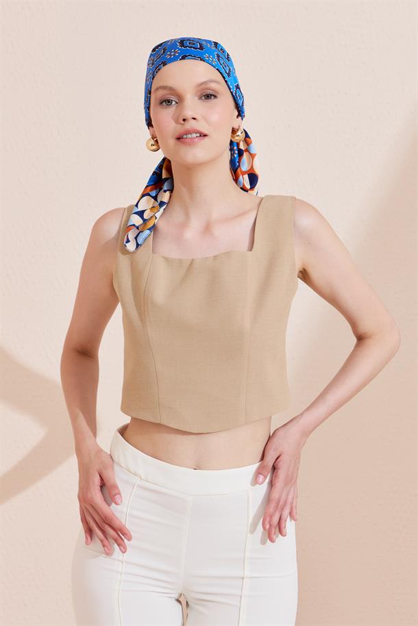 Arkası Lastikli Keten Crop-BEJ