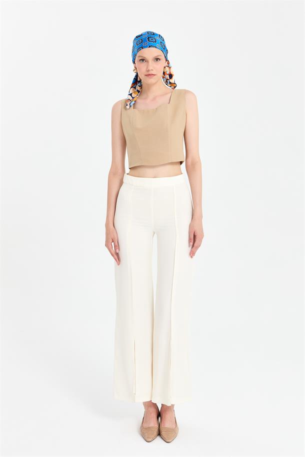 Arkası Lastikli Keten Crop-BEJ