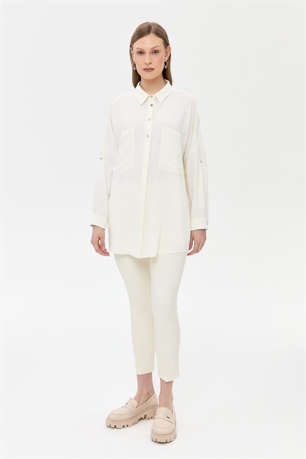 Arkası Taş Detaylı  Oversize Gömlek-KEMIK