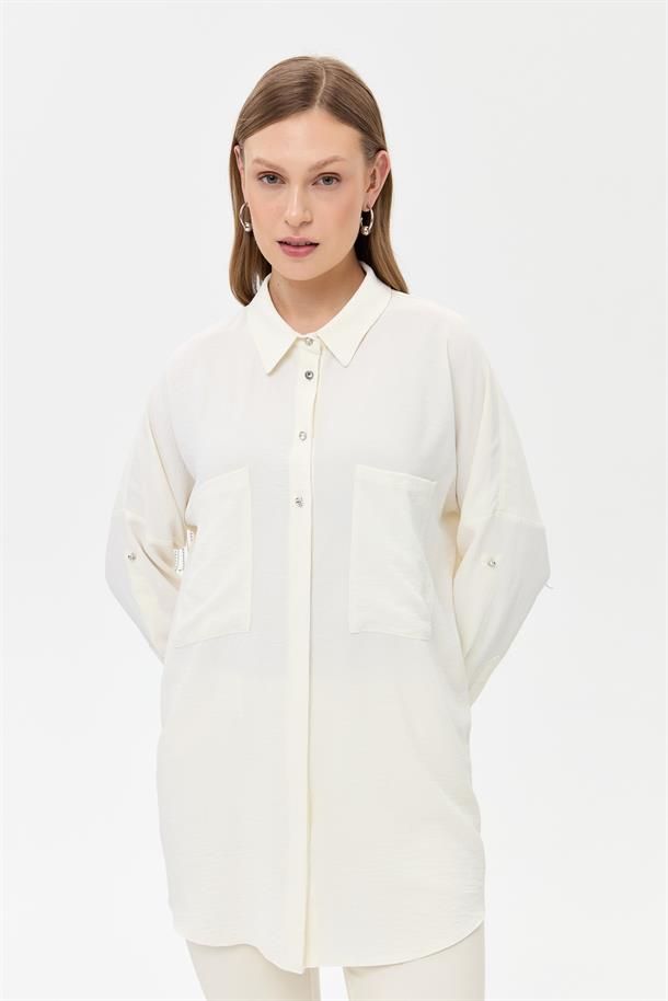 Arkası Taş Detaylı  Oversize Gömlek-KEMIK
