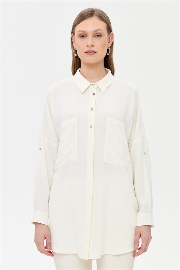 Arkası Taş Detaylı  Oversize Gömlek-KEMIK