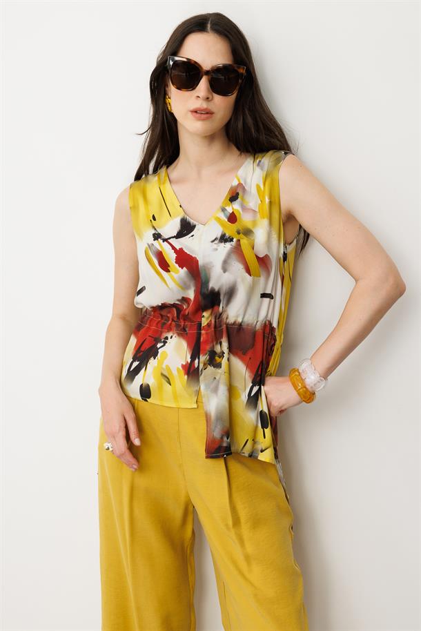 Asimetrik Kesim Baskılı Kolsuz Bluz-SARI