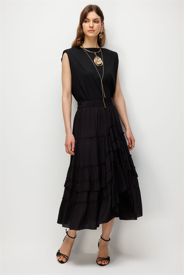 Elastik Bel Kat Kat Etek-SİYAH