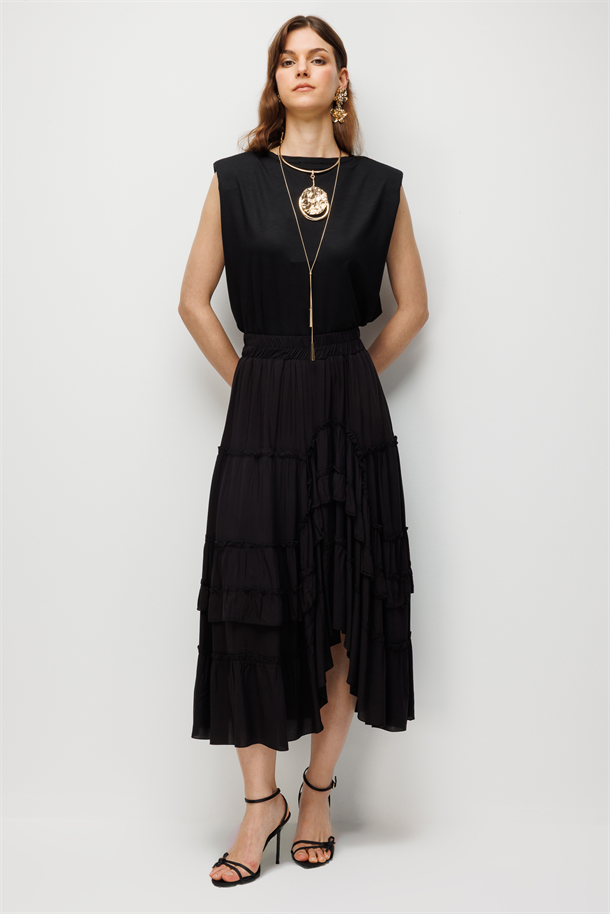 Elastik Bel Kat Kat Etek-SİYAH