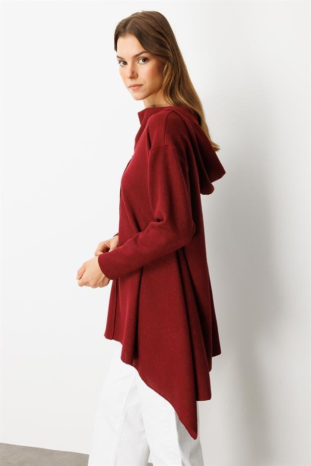 Asimetrik Kesim Kapüşonlu Dokuma Tunik-BORDO