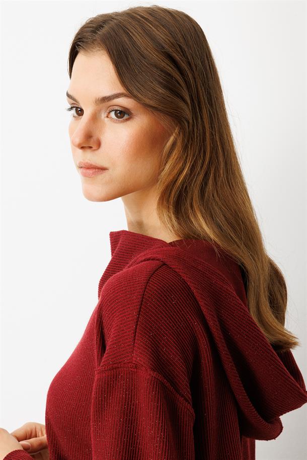 Asimetrik Kesim Kapüşonlu Dokuma Tunik-BORDO