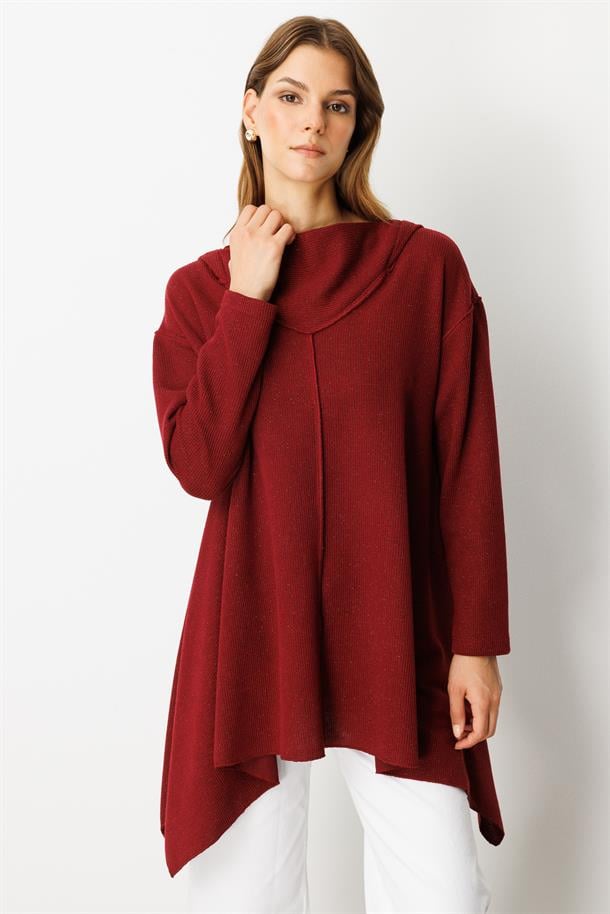 Asimetrik Kesim Kapüşonlu Dokuma Tunik-BORDO