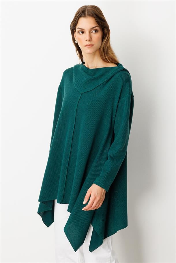 Asimetrik Kesim Kapüşonlu Dokuma Tunik-YEŞİL