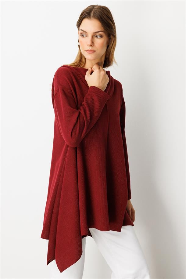 Asimetrik Kesim Kapüşonlu Dokuma Tunik-BORDO