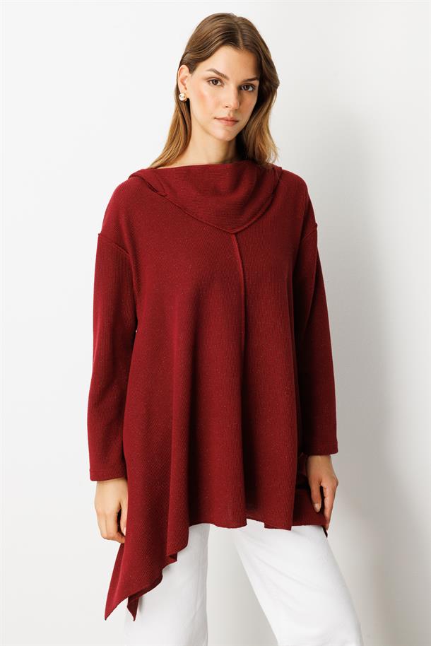 Asimetrik Kesim Kapüşonlu Dokuma Tunik-BORDO