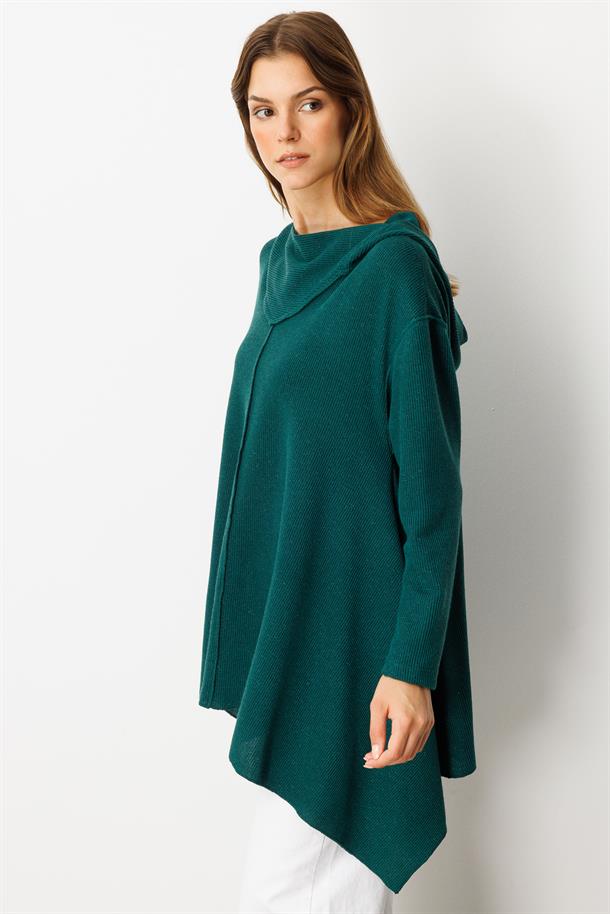 Asimetrik Kesim Kapüşonlu Dokuma Tunik-YEŞİL
