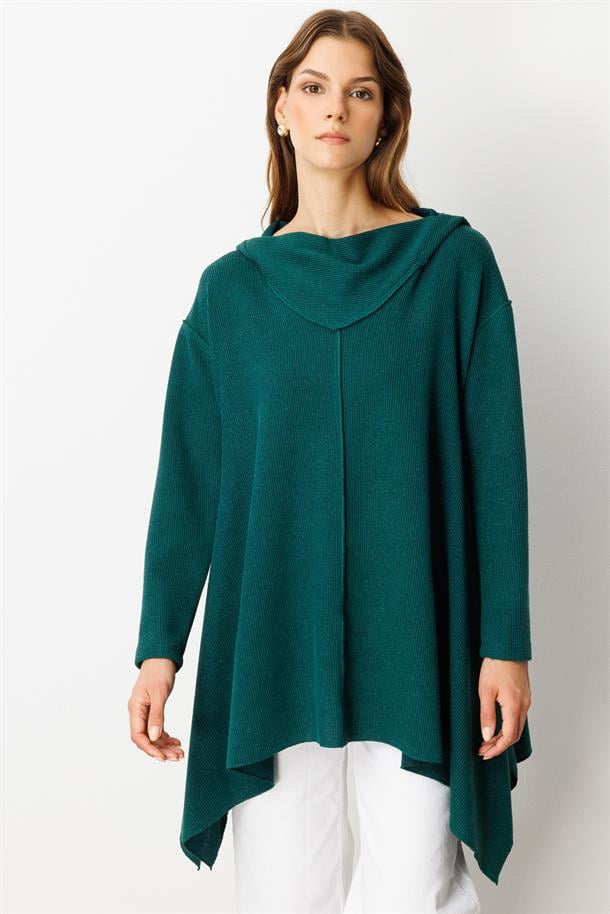 Asimetrik Kesim Kapüşonlu Dokuma Tunik-YEŞİL