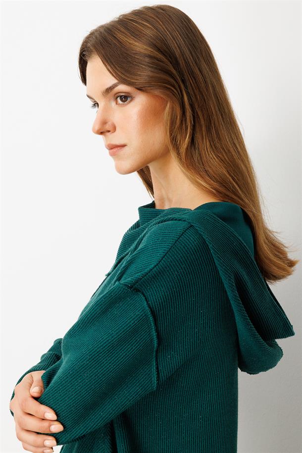 Asimetrik Kesim Kapüşonlu Dokuma Tunik-YEŞİL