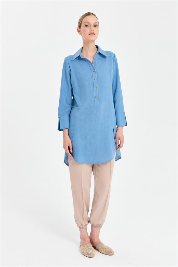 Asimetrik Kesim Keten Tunik-A.MAVI