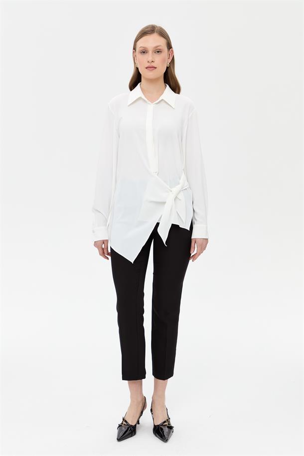 Asimetrik Kesim Önü Bağlamalı Gömlek-BEYAZ