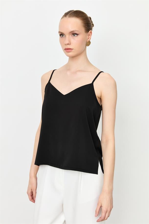 Askılı V Yaka Bluz-SİYAH